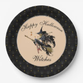 Black Boarder Happy Halloween Witches Broom Papieren Bordje (Voorkant)