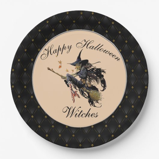Black Boarder Happy Halloween Witches Broom Papieren Bordje (Voorkant)