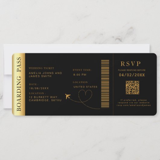Black Boarding Pass Bestemming bruiloft QR-code Kaart (Voorkant)