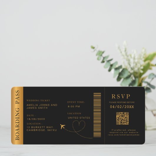 Black Boarding Pass Bestemming bruiloft QR-code Kaart (Staand voorkant)