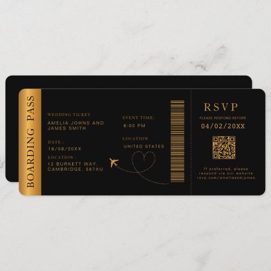 Black Boarding Pass Bestemming bruiloft QR-code Kaart (Voorkant / Achterkant)