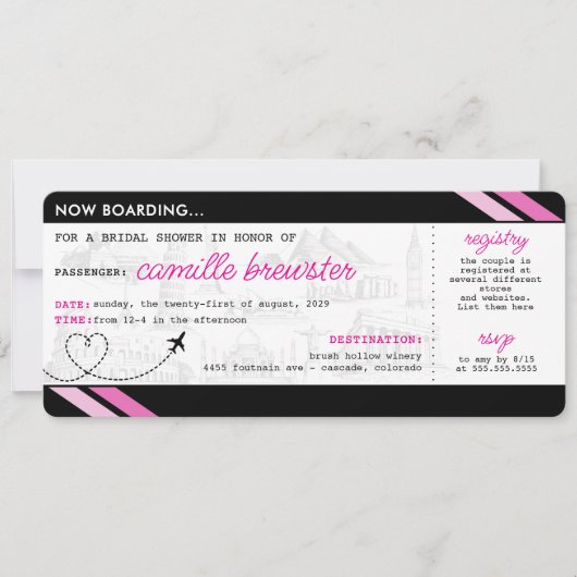 Black Boarding Pass Bridal Shower Uitnodiging (Voorkant)