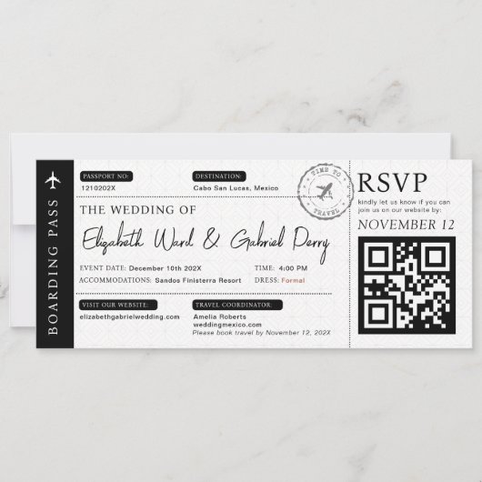 Black Boarding Pass Reisbestemming Bruiloft Kaart (Voorkant)