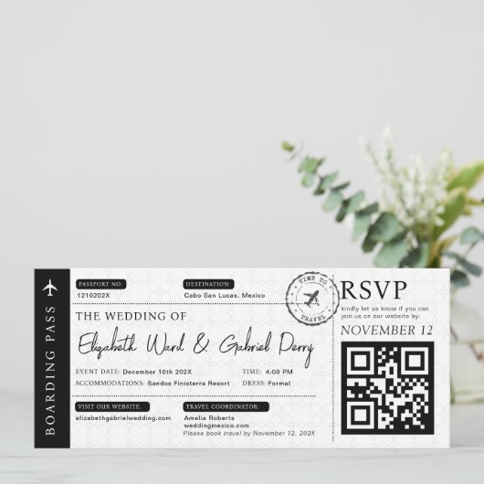 Black Boarding Pass Reisbestemming Bruiloft Kaart (Staand voorkant)