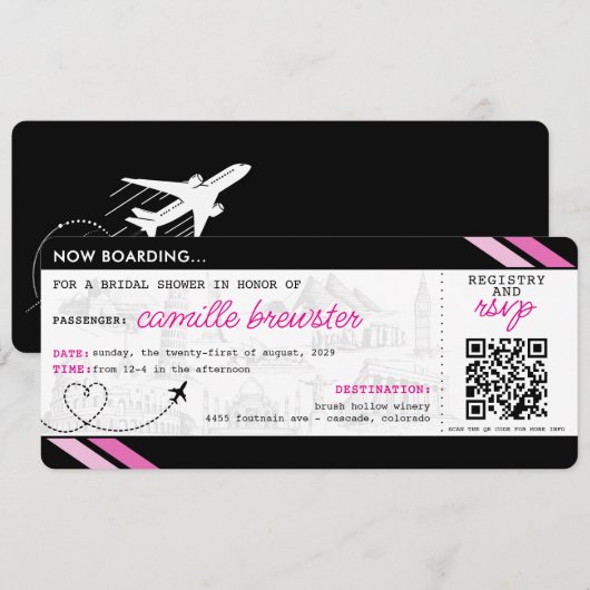 Black Boarding Pass-Vrijgezellenfeest Kaart (Voorkant / Achterkant)