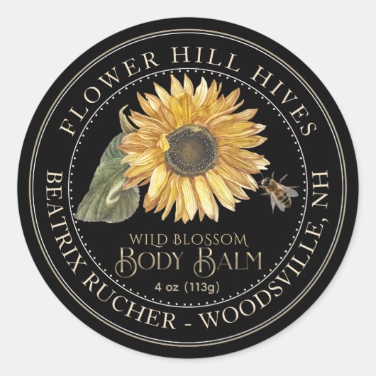 Black Body Balm Label Zonnebloem Metallic Goud Tek (Voorkant)