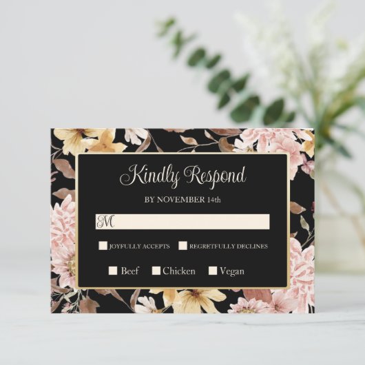Black Boho Blooms & Bird Wedding RSVP (Staand voorkant)