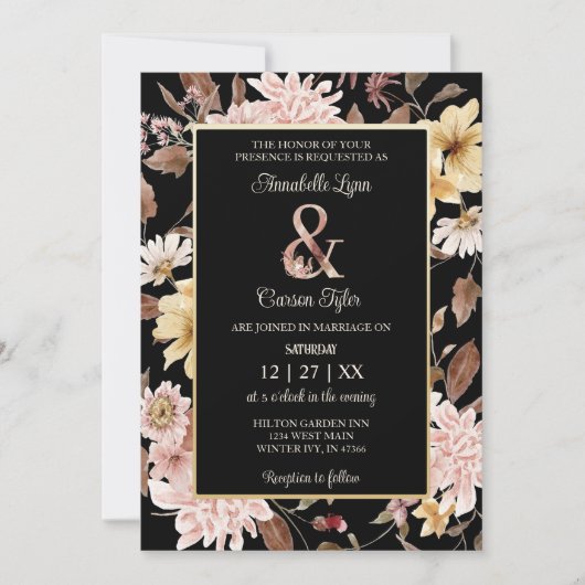 Black Boho Blooms & Bird Wedding Uitnodiging (Voorkant)