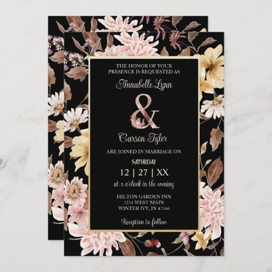 Black Boho Blooms & Bird Wedding Uitnodiging (Voorkant / Achterkant)