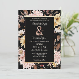 Black Boho Blooms & Bird Wedding Uitnodiging