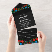 Black Boho Blue Red Roses Romantic Floral Wedding All In One Uitnodiging (Afscheurbaar)