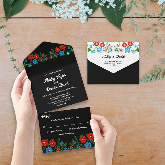 Black Boho Blue Red Roses Romantic Floral Wedding All In One Uitnodiging
