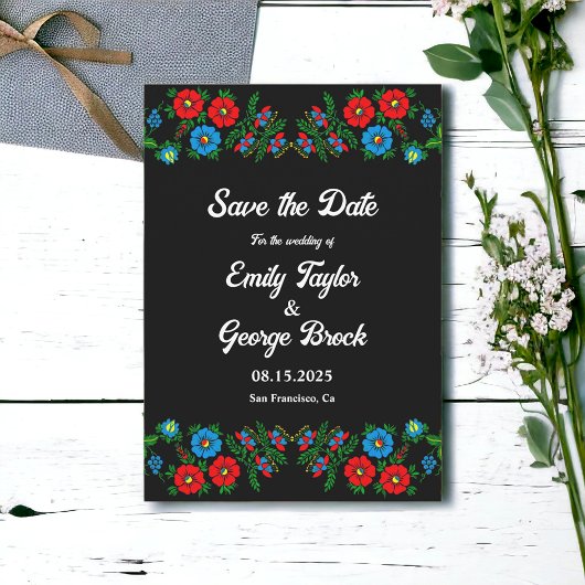 Black Boho Blue Red Roses Romantic Floral Wedding Save The Date