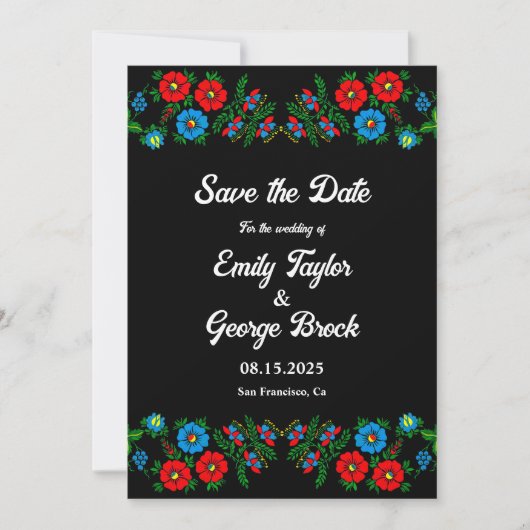 Black Boho Blue Red Roses Romantic Floral Wedding Save The Date (Voorkant)
