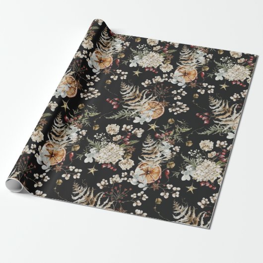Black Boho Botanical Cadeaupapier (Uitgerold)