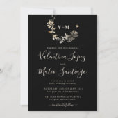 Black Boho Botanical Foliage Monogram Wedding Invi Kaart (Voorkant)