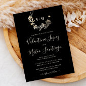 Black Boho Botanical Foliage Monogram Wedding Invi Kaart
