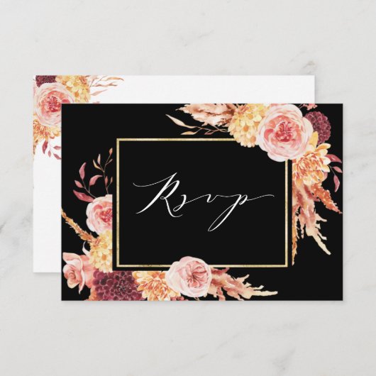 Black Boho Burgundy Terracotta Floral Wedding RSVP Kaartje (Voorkant / Achterkant)