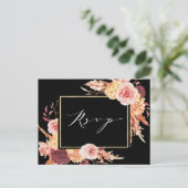 Black Boho Burgundy Terracotta Flower Wedding RSVP Briefkaart (Staand voorkant)