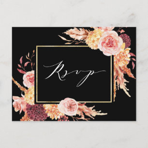 Black Boho Burgundy Terracotta Flower Wedding RSVP Briefkaart