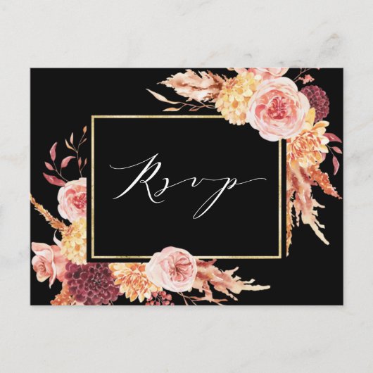 Black Boho Burgundy Terracotta Flower Wedding RSVP Briefkaart (Voorkant)