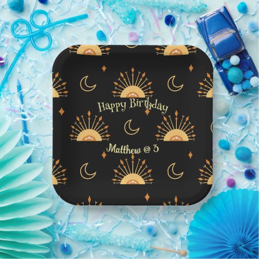 Black Boho Celestial Seamless Pattern Birthday Papieren Bordje (Feest)