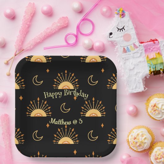 Black Boho Celestial Seamless Pattern Birthday Papieren Bordje (Feest)