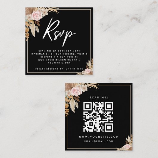 Black Boho Dried Palm Pampas Grass QR Code Rsvp Informatiekaartje (Voorkant / Achterkant)
