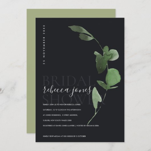 BLACK BOHO EUCALYPTUS FOLIAGE VRIJGEZELLENFEEST IN BEDANKKAART (Voorkant / Achterkant)