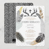 Black Boho Feather Christening Uitnodiging (Voorkant / Achterkant)
