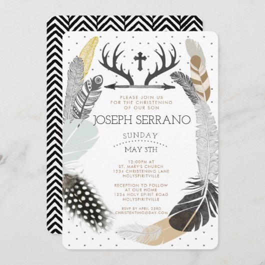 Black Boho Feather Christening Uitnodiging (Voorkant / Achterkant)