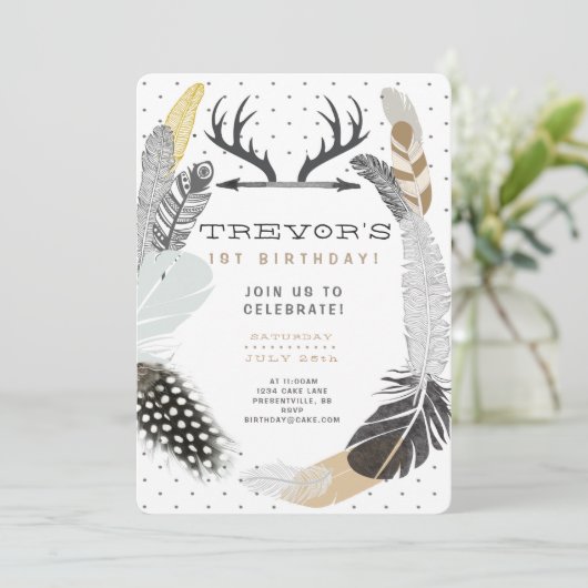 Black Boho Feather verjaardagsuitnodiging Kaart (Staand voorkant)