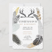 Black Boho Feather verjaardagsuitnodiging Kaart (Voorkant)