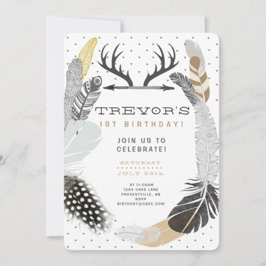 Black Boho Feather verjaardagsuitnodiging Kaart (Voorkant)