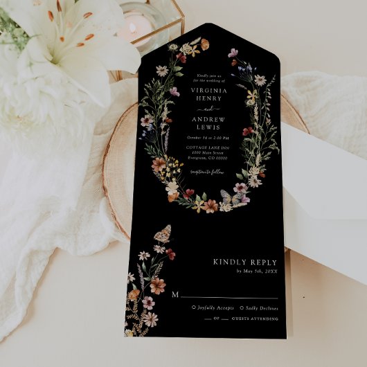 Black Boho Floral All in One Wedding Invite All In One Uitnodiging