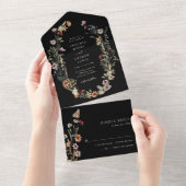 Black Boho Floral All in One Wedding Invite Uitnodiging (Afscheurbaar)