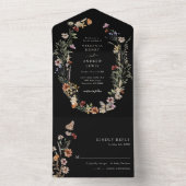 Black Boho Floral All in One Wedding Invite Uitnodiging (Binnen)