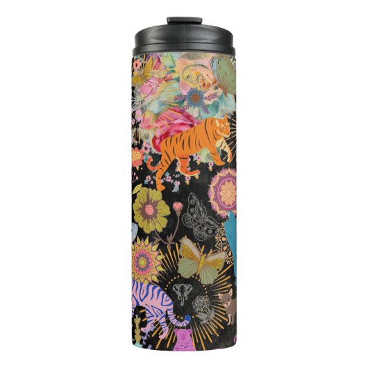 Black Boho Floral Nature Pattern Botanical Thermosbeker (Voorkant)