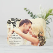 Black Boho Floral Peacock Photo Save the Date Card (Staand voorkant)