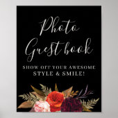 Black Boho Floral Vrijgezellenfeest Foto Gastenboe Poster (Voorkant)