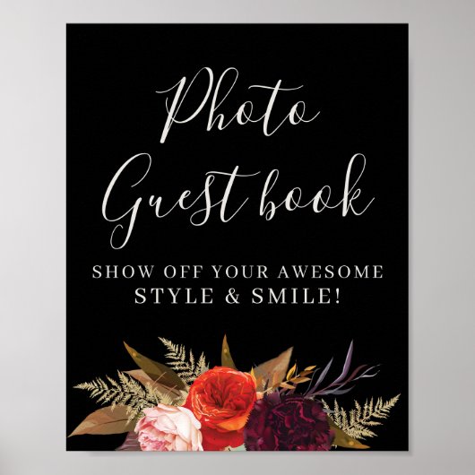 Black Boho Floral Vrijgezellenfeest Foto Gastenboe Poster (Voorkant)