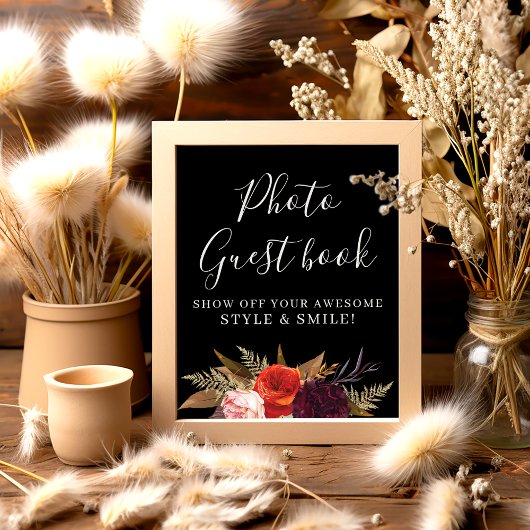 Black Boho Floral Vrijgezellenfeest Foto Gastenboe Poster