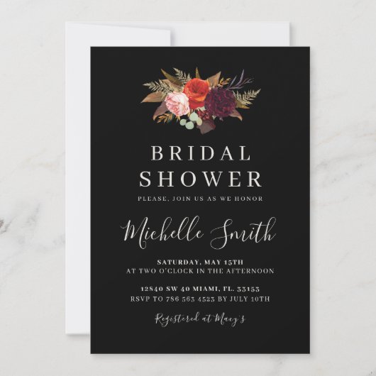 Black Boho Floral Vrijgezellenfeest Invite Kaart (Voorkant)