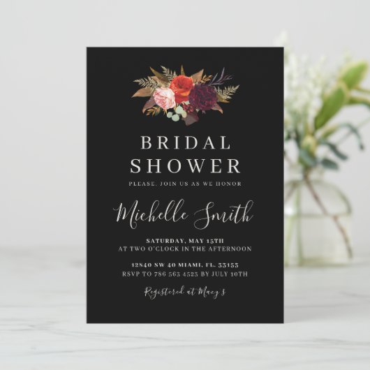 Black Boho Floral Vrijgezellenfeest Invite Kaart (Staand voorkant)