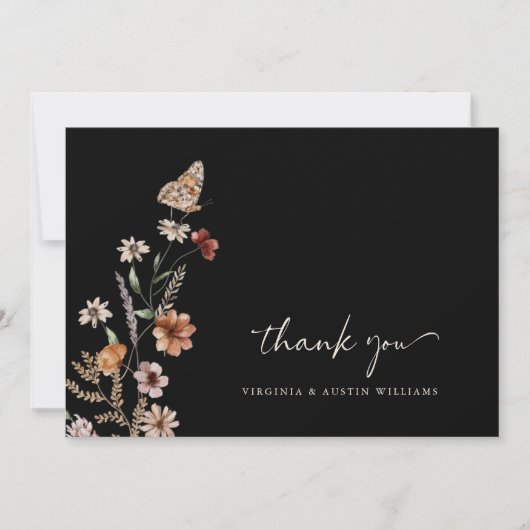 Black Boho Floral Weddenschap Bedankkaart (Voorkant)