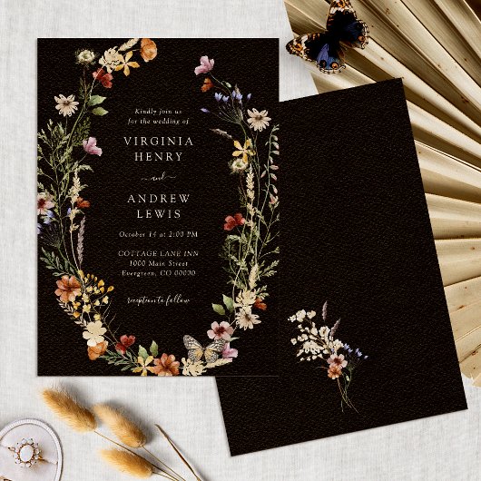 Black Boho Floral Wedding Kaart