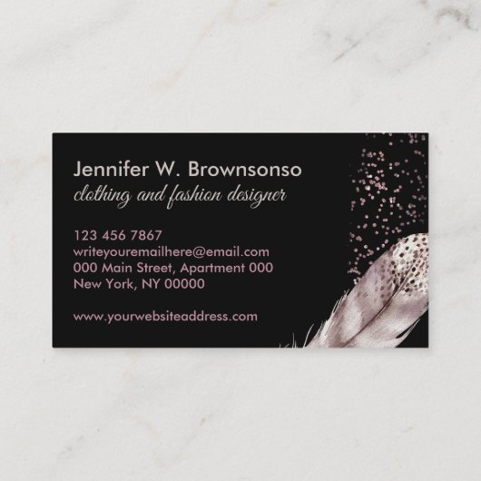 Black Boho Girly Pink Bird Feather Contactkaartje (Achterkant)