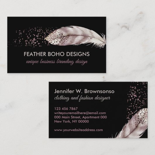 Black Boho Girly Pink Bird Feather Contactkaartje (Voorkant / Achterkant)
