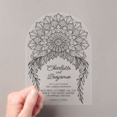 Black Boho Mandala Leafy Vine Wedding Acryl Uitnodigingen (Insitu (Draagbaar))
