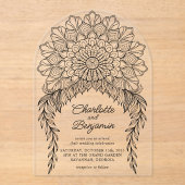 Black Boho Mandala Leafy Vine Wedding Acryl Uitnodigingen (Voorkant)